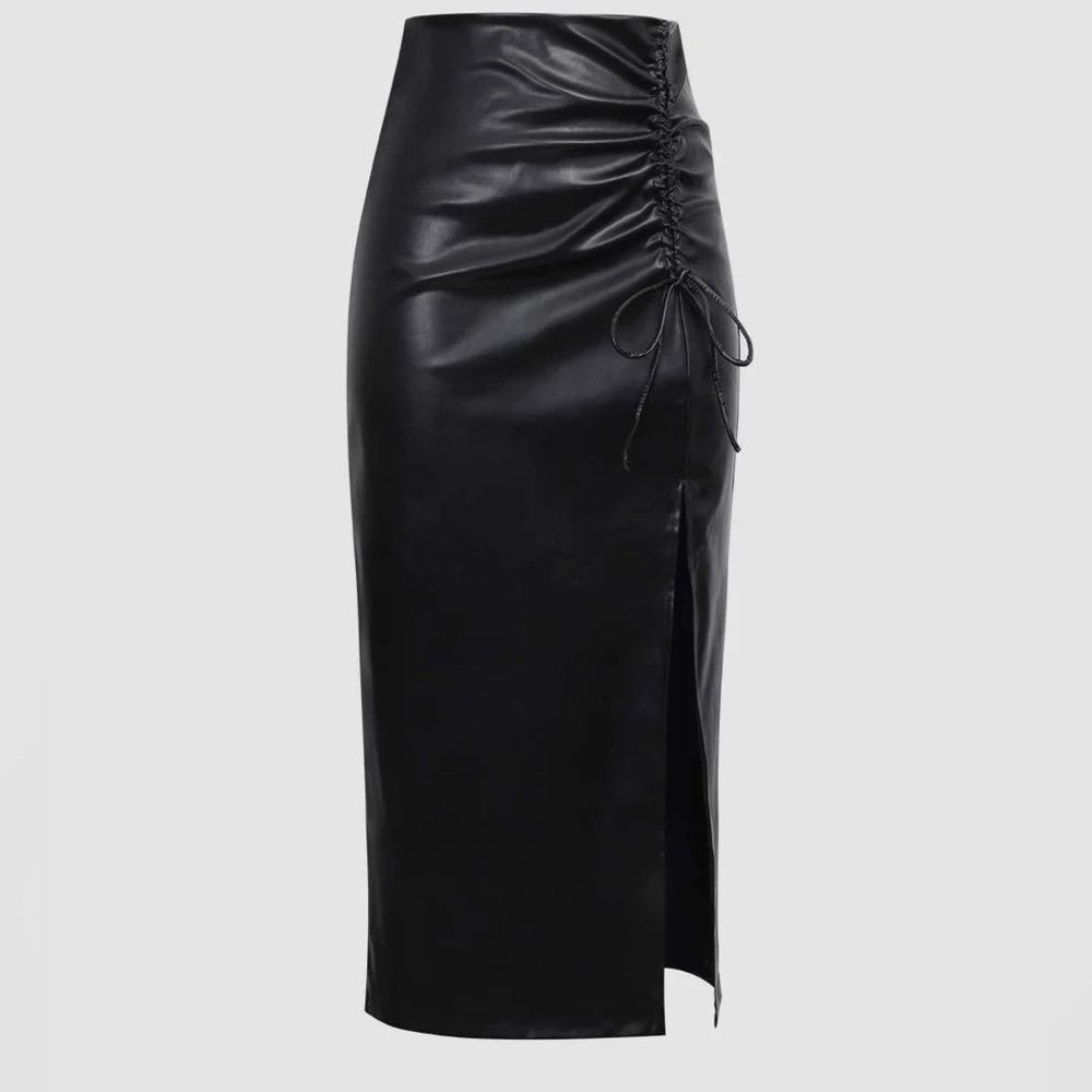 BNWT Black Faux Leather Drawstring Slit Skirt NEW NEW